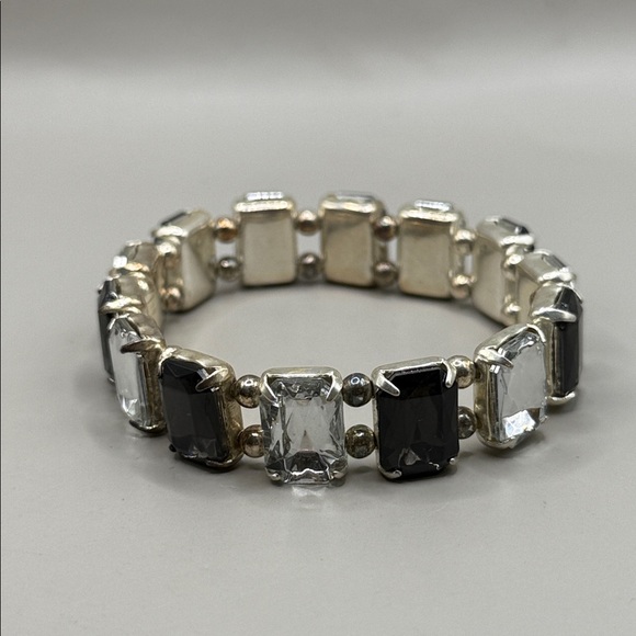 Vintage Silver Tone Clear Black Rhinestone Bangle Statement Bracelet - Picture 2 of 3